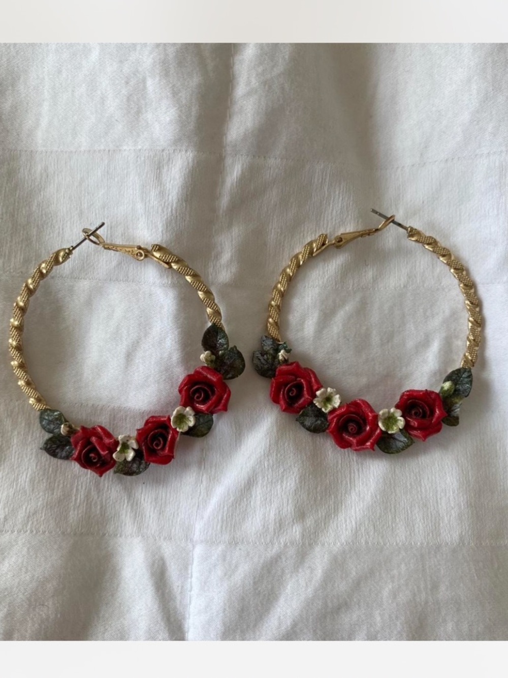 Gold Twisted Hoop Earrings with Red Rose Accents